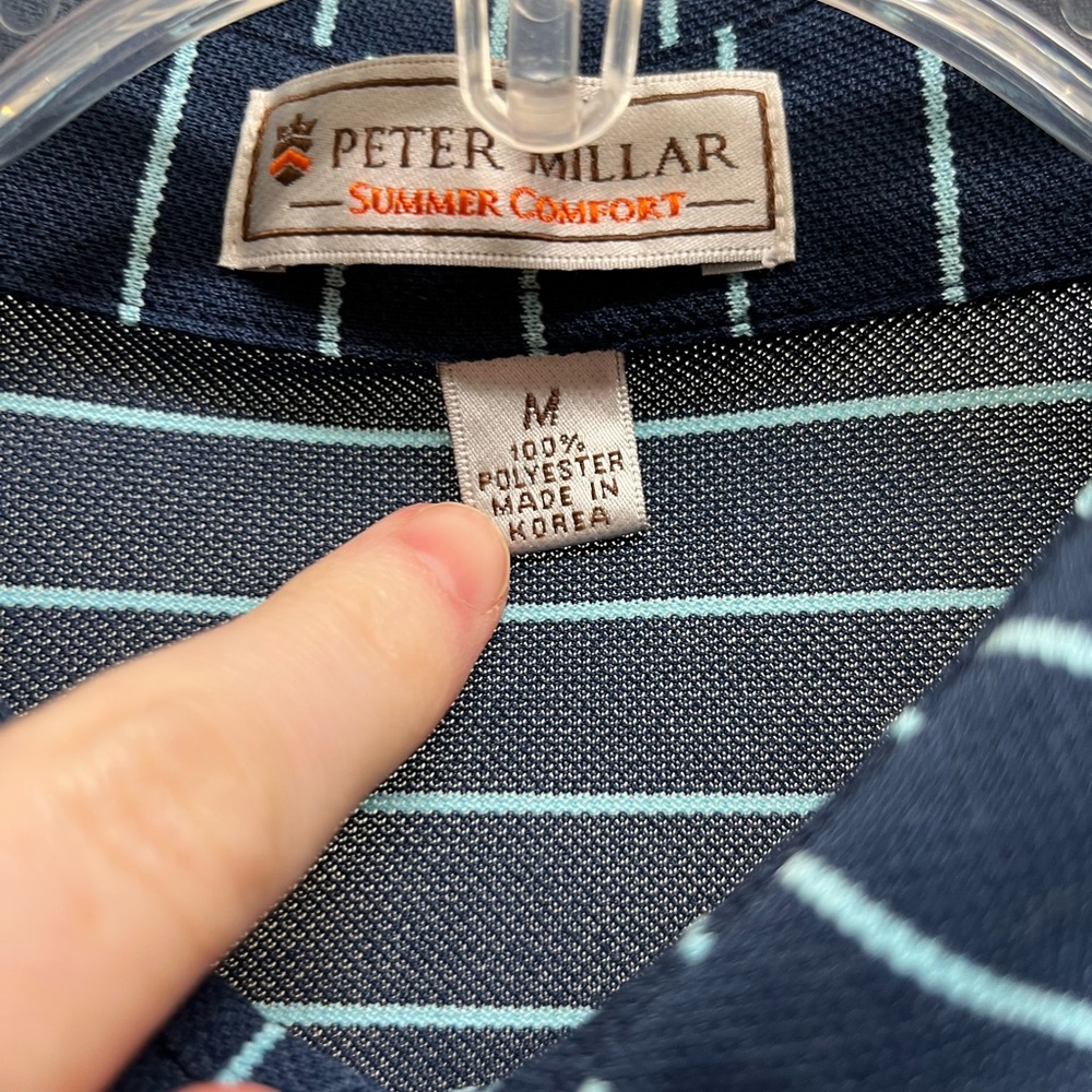 Men’s Peter Millar navy blue with strips golf polo. Size medium.